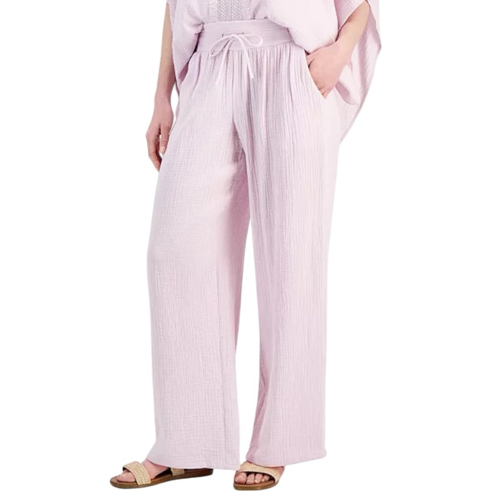 JM Collection Women's Wide Leg Gauze Pants in Lilac Sky size 1X NWT 100% Cotton
